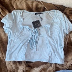 Baby blue open front tie shirt